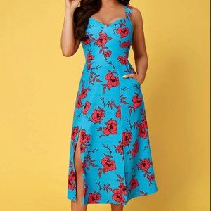 Azure floral strap tea dress with front slits